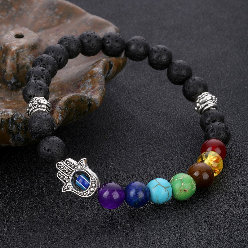 7 Chakra Hamsa Hand Lava Stone Bracelet – Energy Protection